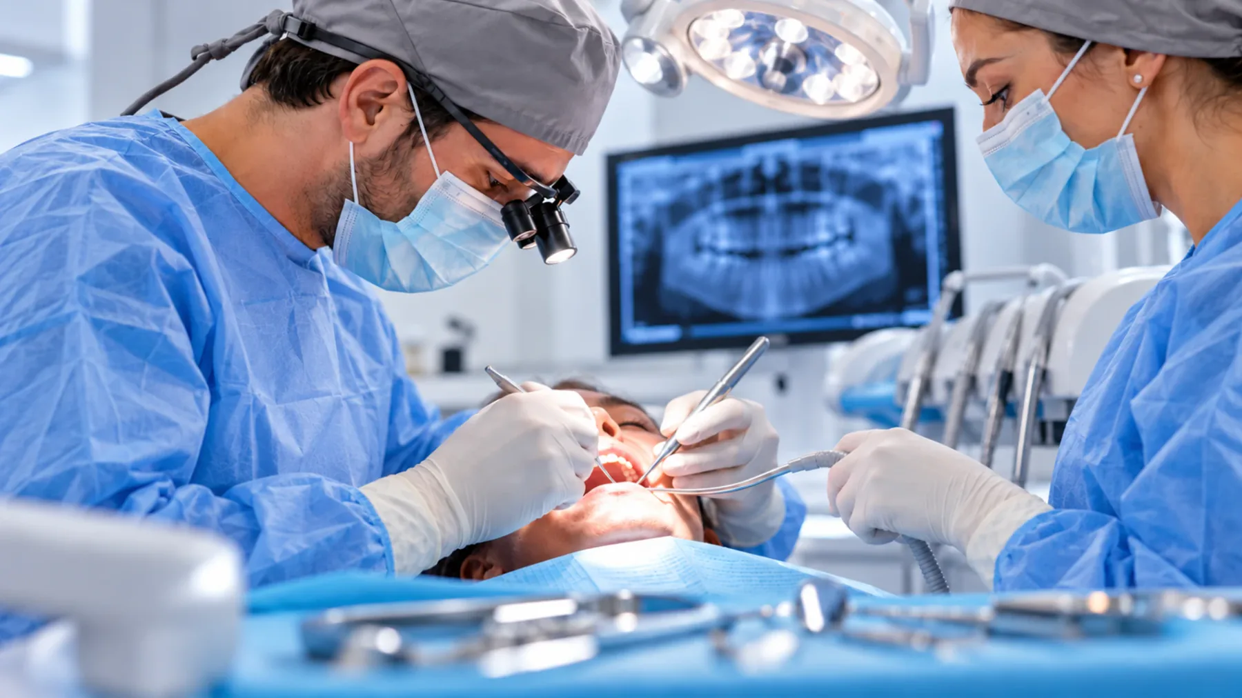Equipo de Valencia Dental durante una cirugía de implantes, con la ortopantomografía del paciente en pantalla